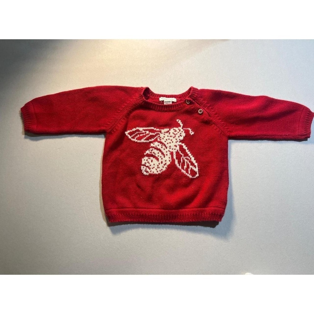 Burts Bees Baby Red Knit Bee Graphic Sweater Raglan Pullover 3-6 Months